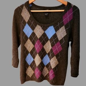 L Pure Cashmere Argyle Pattern‎ Women's Sweater Cozy 3/4 Length Sleeve
